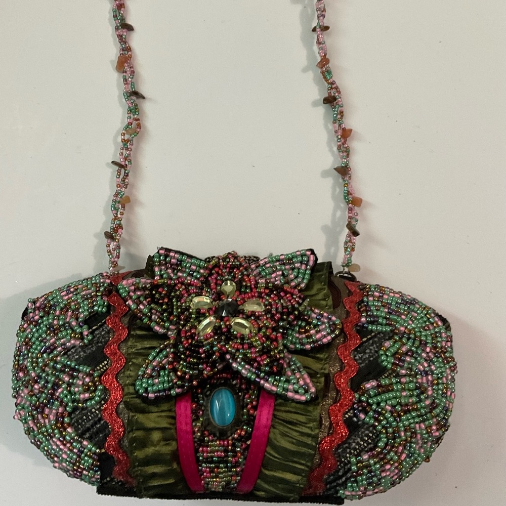 Pritzi Purse Bag Multi Colored Flower Hand Beaded Cloth Ruffled Blue Oval Stone